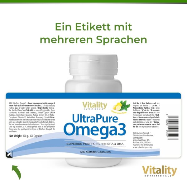 Fischöl Omega 3 Kapseln Hochdosiert mit 2000 mg Fischöl davon 800 mg EPA und 600 mg DHA pro Tag + Vitamin E (120 Stk) Ultra Pure Omega 3 Vitality Nutritionals by Vitaminexpress – Bild 5