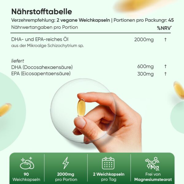 Vegane Omega 3 Kapseln - 2000mg Algenöl liefern 600mg DHA & 300mg EPA pro Tag - 90 Softgels - Frei von Magnesiumstearat & Glutenfrei - WeightWorld – Bild 4