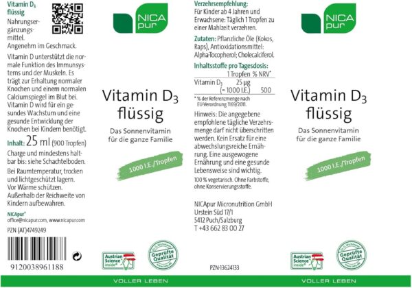 nicapur Vitamin D3 flüssig 1000 I.E - hochdosierte Tropfen - 25 ml (900 Tropfen) – Bild 5