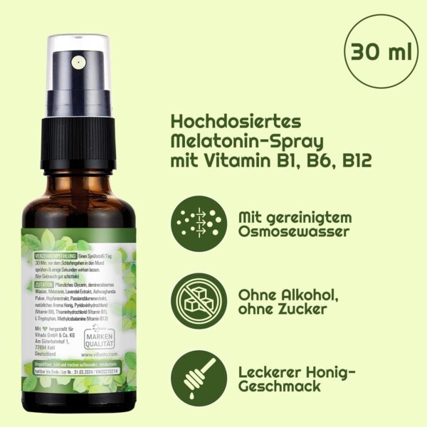 Vihado Natur Melatonin Spray - Plus: Ashwagandha, Lavendel, Tryptophan, Vitamin B Komplex - 180 Tage Vorrat - Melatonin Spray hochdosiert - Mit gereinigtem Osmosewasser - vegan, 30 ml – Bild 3