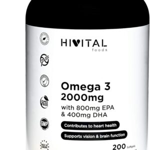 Omega 3 2000 mg | 200 Kapseln für mehr als 3 Monate | Mit 800 mg EPA, 400 mg DHA und natürlichem Vitamin E | Das einzige mit spanischem Fischöl, das zur Gesundheit von Herz, Gehirn und Augen beiträgt