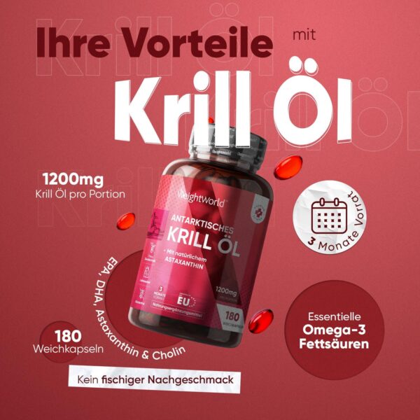 Omega 3 Krillöl Kapseln - 1200mg mit Astaxanthin & Cholin - 180 Weichkapseln für 3 Monate - EPA & DHA für Herz & Blutdruck (EFSA) - Alternative zu Fischöl & Lebertran - Antarktis Krill - WeightWorld – Bild 2