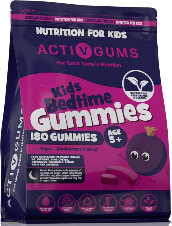 Kinder schlafen 180 vegane Gummis | Johannisbeer-Geschmack | Melatonin & 5HTP-frei | Enthält Vitamin B6, Montmorency Kirsche, Kamille | Wiederverwendbare & recycelbare Tasche | Ab 5 Jahren| ActivGums®