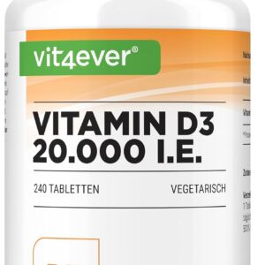 Vitamin D3 20.000 I.E. Depot - 240 Tabletten - Hochdosiert - Laborgeprüft - Vegetarisch - Hohe Reineit - 20 Tagesdosis 1000 I.E. pro Tag - Premium Qualität