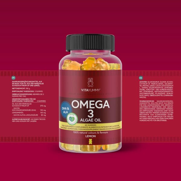 VITAYUMMY Vegan Omega 3 für Kinder und Erwachsene, Gummies mit Zitronengeschmack - Gesunde Fette aus Omega 3 Algenöl - Natürliche, Allergenfrei und Gelatinefreie - 60 Gummy Vitamins, 1 Monat – Bild 5
