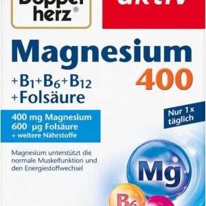 Doppelherz Magnesium 400 + B1 + B6 + B12 + Folsäure - Magnesium unterstützt die normale Muskelfunktion und den Energiestoffwechsel - 120 vegane Tabletten