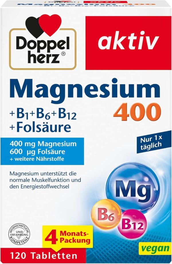 Doppelherz Magnesium 400 + B1 + B6 + B12 + Folsäure - Magnesium unterstützt die normale Muskelfunktion und den Energiestoffwechsel - 120 vegane Tabletten