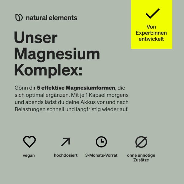 Magnesium Komplex - Premium: Aus 5 hochwertigen Verbindungen - 400mg elementares Magnesium pro Tagesdosis - Laborgeprüft, vegan, hochdosiert – Bild 3