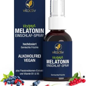 VITACTIV Melatonin Spray Hochdosiert 50ml – 0,5 mg Melatonin pro Tagesdosis - 385 Tage Vorrat, Zuckerfrei & Vegan - plus Passionsblumen Extrakt, Vitamine B1 und B6 - Sofort-Spray Gemischte Früchte