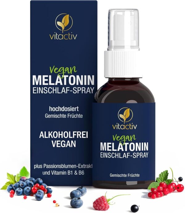 VITACTIV Melatonin Spray Hochdosiert 50ml – 0,5 mg Melatonin pro Tagesdosis - 385 Tage Vorrat, Zuckerfrei & Vegan - plus Passionsblumen Extrakt, Vitamine B1 und B6 - Sofort-Spray Gemischte Früchte
