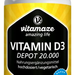 Vitamin D3 hochdosiert 20000 IE pro Tablette (20-Tage Dosis), 180 vegetarische Tabletten (teilbar), Natürliche Nahrungsergänzung ohne Zusatzstoffe, Made in Germany