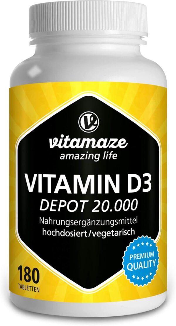 Vitamin D3 hochdosiert 20000 IE pro Tablette (20-Tage Dosis), 180 vegetarische Tabletten (teilbar), Natürliche Nahrungsergänzung ohne Zusatzstoffe, Made in Germany