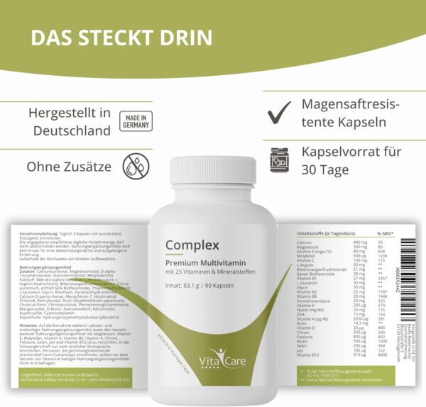 VitaCare Complex, 90 Kapseln hochdosiertes Multivitamin-Präparat, mit 25 Vitaminen & Mineralien, Nahrungsergänzungsmittel zuckerfrei & laktosefrei – Bild 7