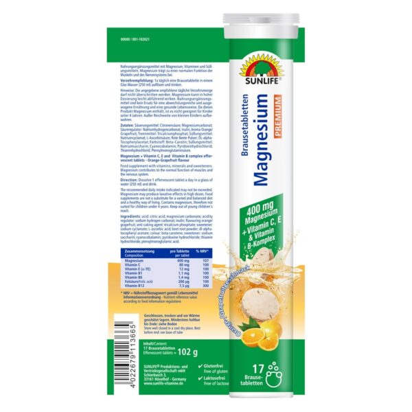 SUNLIFE Magnesium + B-Komplex Brausetabletten - 1x17 Stück - Muskeln & Nerven Nahrungsergänzungsmittel mit Vitamin C & E - 400mg Magnesium pro Tagesdosis - Orangen-Grapefruit Geschmack – Bild 9