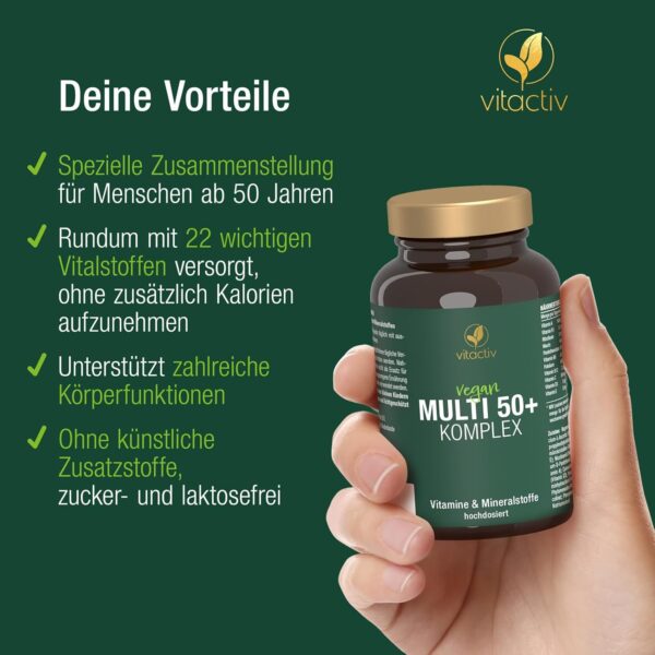 Vitactiv MULTI 50 plus - Multivitamin Komplex Menschen ab 50 - Vitamine, Mineralien, Spurenelemente - Vitamin B, C, E, K, D, Magnesium, Kalzium, Zink - Hochdosiert, Hormonfrei, ohne Jod - 60 Kapseln – Bild 5