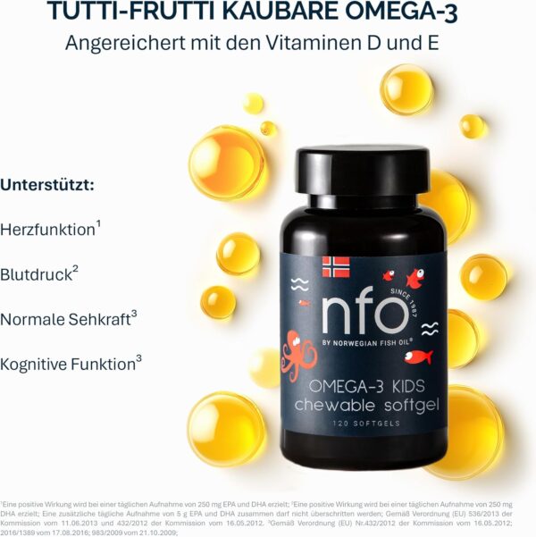 NFO Omega-3 Kids - Leckeres Tutti-Frutti Fischöl zum Kauen | Mit essentiellen Vitaminen | Kinderfreundliche Formel - 120 Kapseln – Bild 2