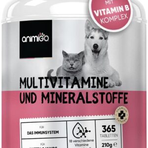 animigo Vitamine für Hunde & Katzen - 365 Multivitamin Tabletten - Mit Vitamin B Komplex (B1, B2, B3, B5, B6, Biotin, B9, B12), C & D3-18 Mineralien & Vitamine - Für Gelenke, Immunsystem, Knochen