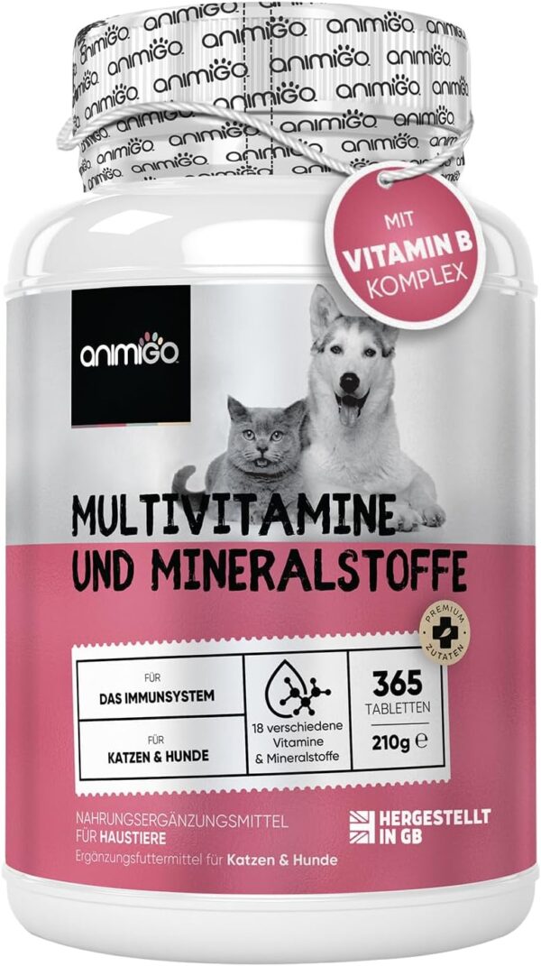 animigo Vitamine für Hunde & Katzen - 365 Multivitamin Tabletten - Mit Vitamin B Komplex (B1, B2, B3, B5, B6, Biotin, B9, B12), C & D3-18 Mineralien & Vitamine - Für Gelenke, Immunsystem, Knochen