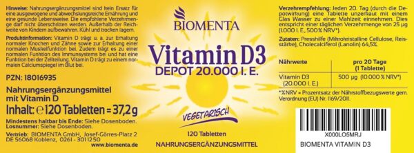 BIOMENTA Vitamin D3 – 120 Vit. D Tabletten hochdosiert - 20.000 IU/St. aus Cholecalciferol - vegetarisch - Premiumqualität – Bild 2
