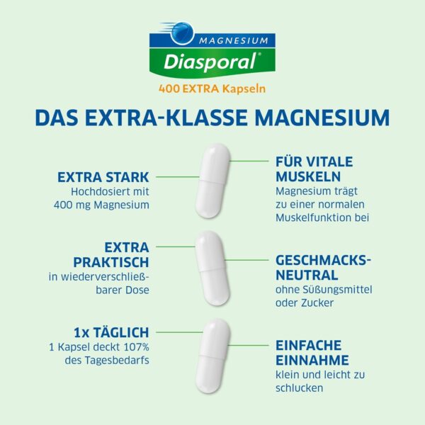 Magnesium-Diasporal 400 EXTRA Kapseln | Hochdosierte 400 mg Magnesium Kapseln | Vegan, geschmacksneutral und leicht zu schlucken | Ideal bei erhöhtem Bedarf | Glutenfrei und laktosefrei | 100 Stück – Bild 2