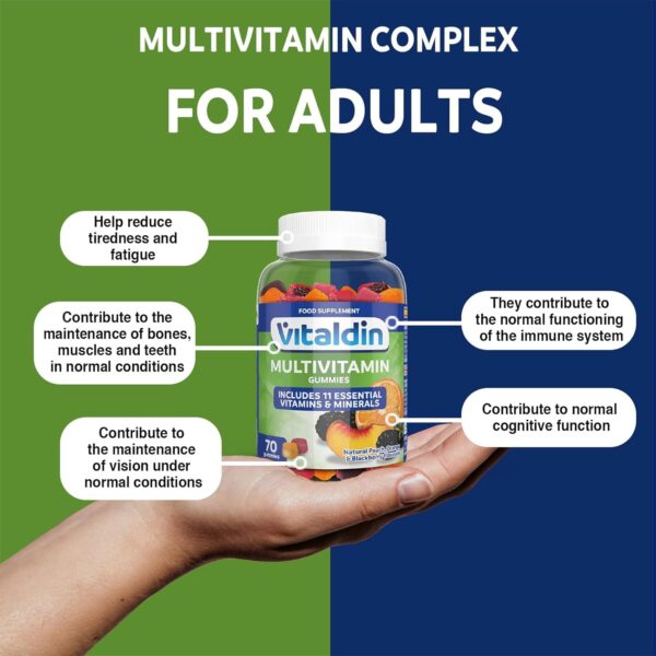 VITALDIN Multivitamin Adults Gummies – Nahrungsergänzungsmittel für Erwachsene – 11 Vitaminen & Mineralstoffen – 70 Fruchtgummis (für 1 Monat); Fruchtgeschmack – Stärkung des Energie & Immunsystems – Bild 3