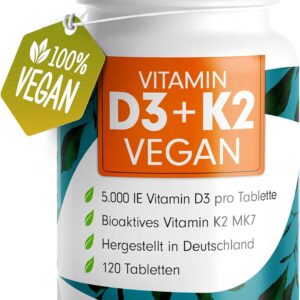 Vitamin D3 K2 VEGAN - 120 Tabletten mit 5000 IE D3 + 200 mcg K2 (MK7) - Vitamin D3 hochdosiert und vegan - reicht für 19 Monate - laborgeprüft mit Zertifikat - ohne unerwünschte Zusatzstoffe