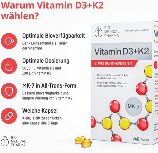 Vitamin D3 K2 MK-7 Hochdosiert – 240 Softgel Kapseln – 5000 IE Vitamin D und 100mcg Vitamin K2 MK7 – Hohe Bioverfügbarkeit mit Leinöl – Unterstützt Immunsystem und Knochen – Ohne Zusätze – Bild 2