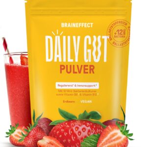 BRAINEFFECT DAILY GUT - Leckeres Bakterienstämme Getränkepulver mit Ballastoff und Vitamine B6 + B12 (1, Erdbeere)