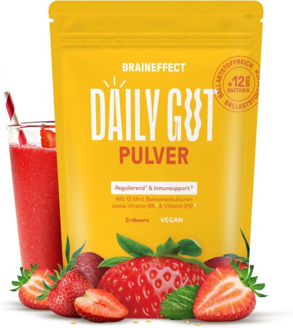 BRAINEFFECT DAILY GUT - Leckeres Bakterienstämme Getränkepulver mit Ballastoff und Vitamine B6 + B12 (1, Erdbeere)
