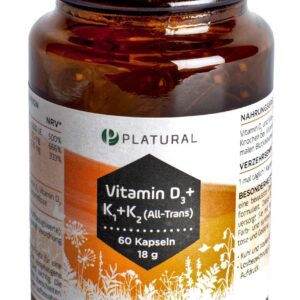 Platural® Vitamin D3 + K2 + K1 - Premium: 99,7+% All-Trans Vitamin K2 MK7 + 1000 IE Vitamin D + hoch bioverfügbares Vitamin K1-60 Kapseln - hochwertig, laborgeprüft