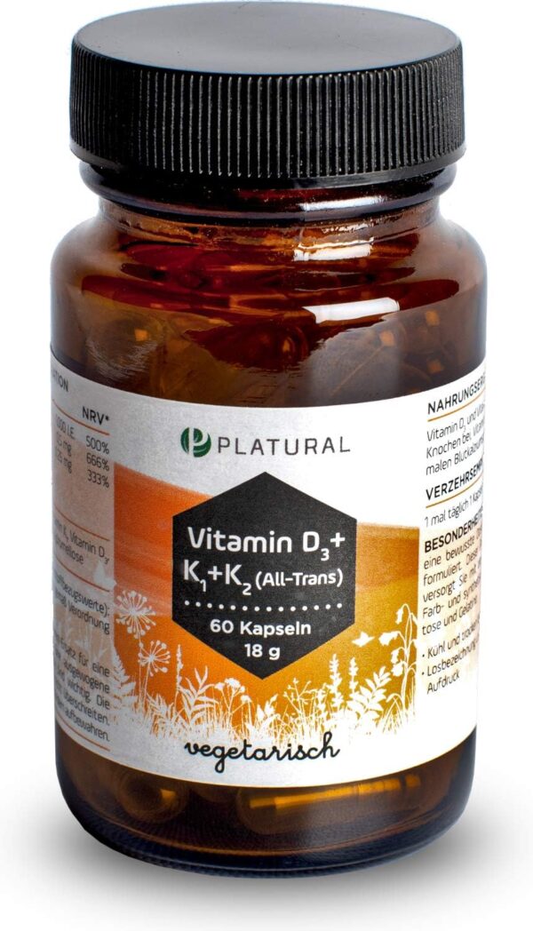 Platural® Vitamin D3 + K2 + K1 - Premium: 99,7+% All-Trans Vitamin K2 MK7 + 1000 IE Vitamin D + hoch bioverfügbares Vitamin K1-60 Kapseln - hochwertig, laborgeprüft