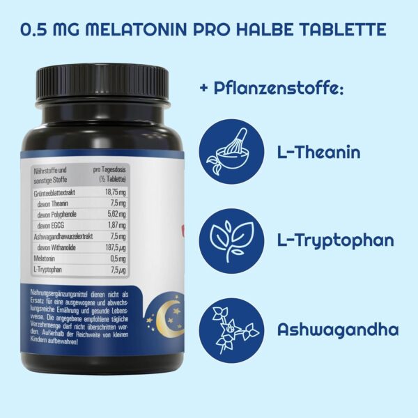 Vihado Melatonin Tabletten hochdosiert - 370 Nächte FORTE Komplex vegan - Rein ohne Zusätze - Plus L-Theanin, L-Tryptophan, Ashwagandha, 185 Tabletten,Melatonin,1 – Bild 5