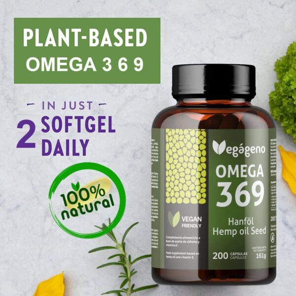 Vegageno OMEGA 3 6 9 Kapseln hochdosiert. Hochkonzentriertes OMEGA 3, vegan. 200 Kapseln. Mit natürlichem Vitamin E. GVO-frei, glutenfrei. Ohne Fisch. Nur Gemüse. Geeignet für Veganer und Vegetarier. – Bild 3