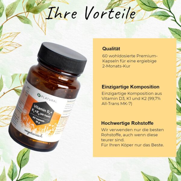 Platural® Vitamin D3 + K2 + K1 - Premium: 99,7+% All-Trans Vitamin K2 MK7 + 1000 IE Vitamin D + hoch bioverfügbares Vitamin K1-60 Kapseln - hochwertig, laborgeprüft – Bild 3