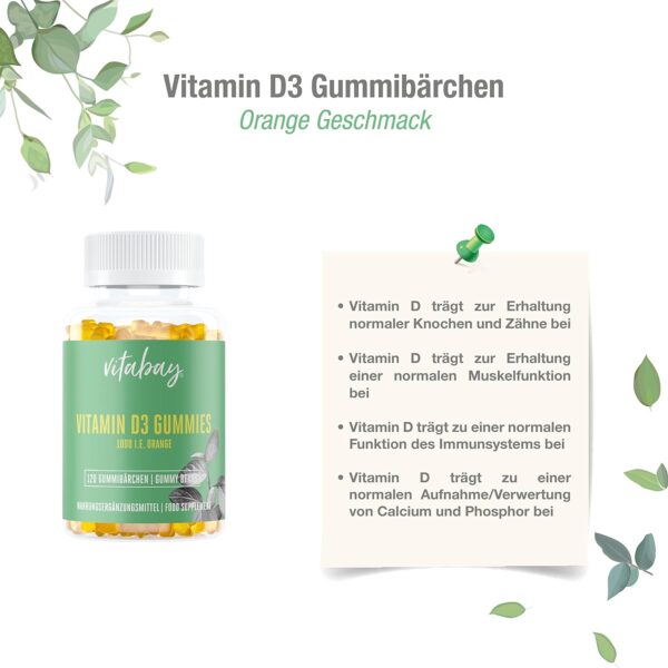 Vitabay Vitamin D3 Gummies 1000 IE | 120 vegane Gummibärchen für Kinder mit Orangengeschmack | Ohne Gelatine | Aus Flechten gewonnen | Laborgeprüft & hergestellt aus hochwertigen Rohstoffen – Bild 3
