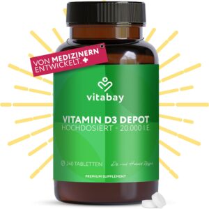 Vitabay Vitamin D3 Depot 20.000 I.E. - 240 Vegane Tabletten Hochdosiert & Vegan - ohne unerwünschte Zusätze - Trägt zur Unterstützung des Immunsystems und zur Erhaltung normaler Knochen bei