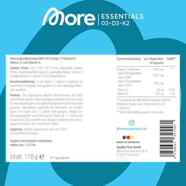 MORE Essentials O3-D3-K2, 240 Fischöl Kapseln mit 1000mg EPA & 500mg DHA pro Tag, Vitamin D3 & Vitamin K2, Kapselhülle aus Rindergelatine – Bild 4