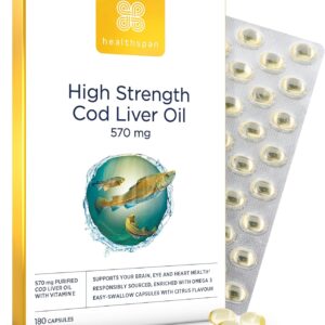 Healthspan Lebertran 570 mg | Unterstützt Gehirnfunktion, Herzgesundheit & Knochengesundheit | Mit 150 mg Omega-3-Fettsäuren pro Kapsel | Zusätzlich Vitamin A & Vitamin D | 180 Kapseln