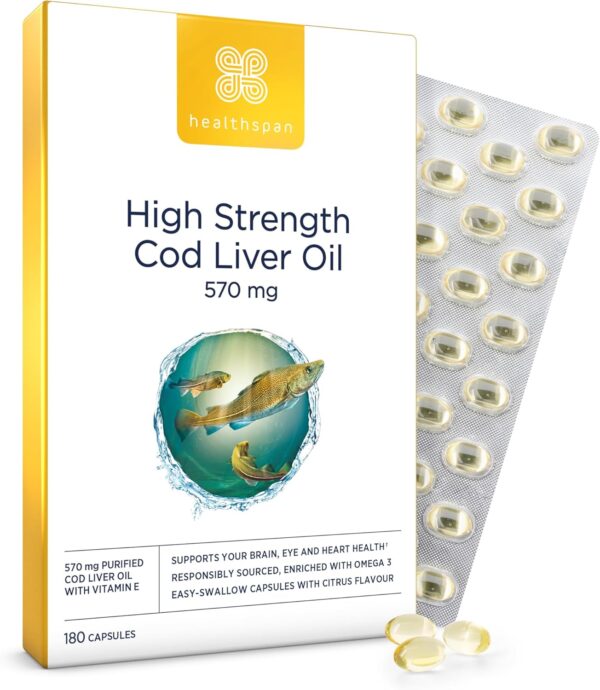 Healthspan Lebertran 570 mg | Unterstützt Gehirnfunktion, Herzgesundheit & Knochengesundheit | Mit 150 mg Omega-3-Fettsäuren pro Kapsel | Zusätzlich Vitamin A & Vitamin D | 180 Kapseln