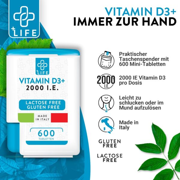 +LIFE - VITAMIN D3 Hochdoisert 2000 IU PiuLife Pocket® 600 Tabletten Reines Vit D3, Vitamin D3 2000 IE, Immunabwehr Knochen Muskeln Zähne Vegan Gluten und Laktose frei, Vitamin D3 Kapseln – Bild 3
