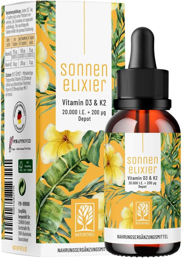 NATURTREU® Vitamin D3 K2 Tropfen hochdosiert & vegan - 20.000 I.E Vitamin D3 + Vitamin K2 MK7 200 mcg pro Dosis (Depot)