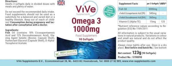 Omega 3 1000mg - 90 Softgels - Omega 3 aus Fischöl - mit EPA, DHA und Vitamin E - Hochdosiert - Qualität aus Deutschland - ViVe Supplements – Bild 3