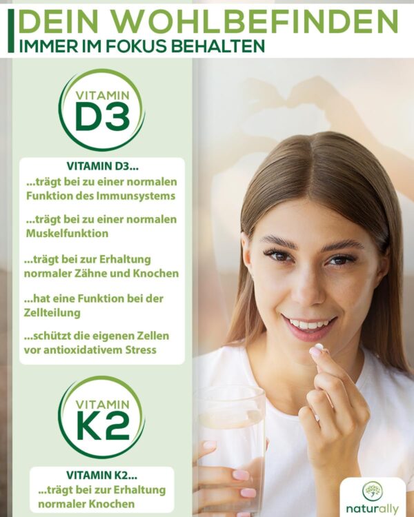 naturally Vitamin D3 K2 Tabletten [180 Stück] – hochdosiert, 5000 I.E. Vitamin D pro Tablette, vegan, ohne Zusätze, – Bild 3