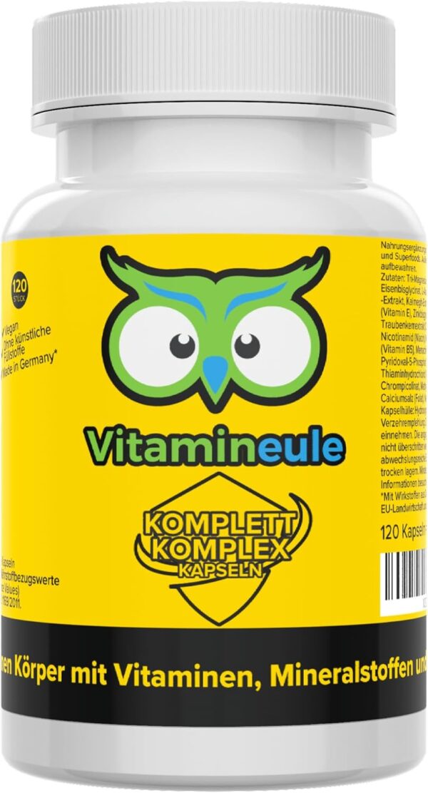 Komplett Komplex Kapseln - alle A-Z Vitamine & Mineralien - hochdosiert, bioaktiv & vegan - Multivitamin, Multimineral & Superfoods - Produktion in Deutschland - für Erwachsene & Kinder - Vitamineule®