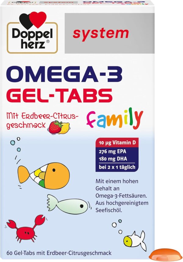 Doppelherz system OMEGA-3 family Gel Tabs – Enthält 180 mg DHA, ein Baustein des Gehirns, als Tagesportion (2 Gel-Tabs) – 60 Tabs