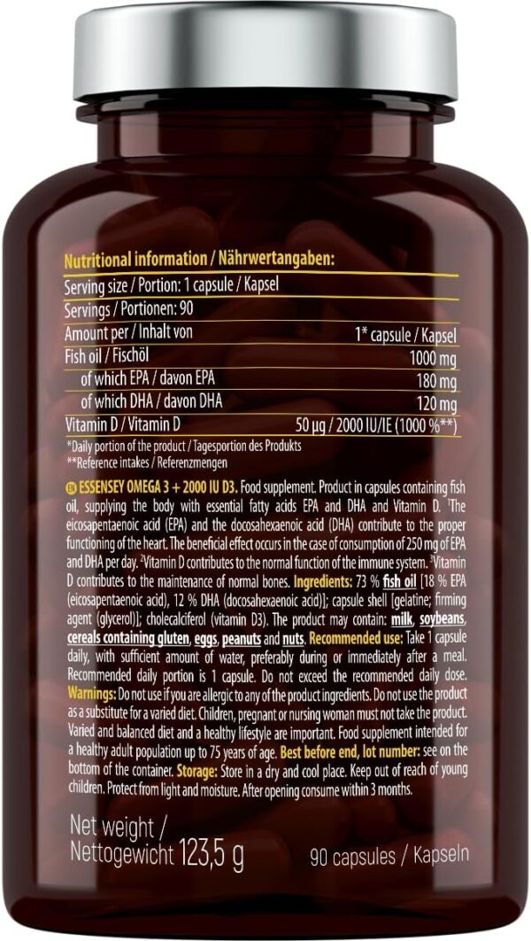 ESSENSEY - Omega 3 2000 UI I 1000mg Fischöl pro Kapsel I 90 Kapseln I Vitamin D3 I mit EPA und DHA (in Triglycerid-Form) I 90 Tagesdosen I Leicht zu schlucken I Laborgeprüft – Bild 3