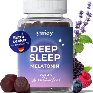 YUICY Melatonin Gummies – 60 Stk. Extrem Leckere & Zuckerfreie Gummibärchen zum Einschlafen - 0,5mg Melatonin Hochdosiert & Vegan - Bewährte Einschlafhilfe Erwachsene - Deep Sleep
