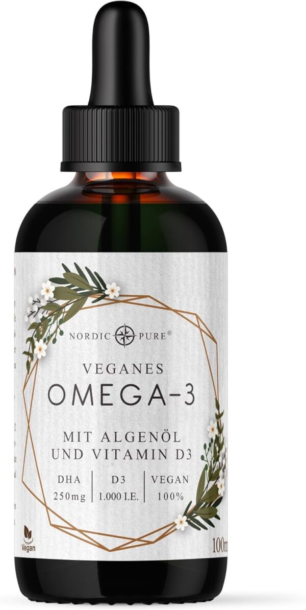 Veganes Omega 3 Algenöl Präparat | DHA aus der Mikroalge Schizochytrium sp. | Mit Vitamin D3 | Auf Basis von Hanfsamenöl | Hoher Anteil an Alpha-Linolsäure und Alpha Linolensäure, 100 ml