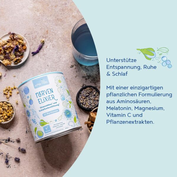 Nerven-Elixier - Melatonin, Magnesium, B-Vitamine & Aminosäuren für natürliches Stressmanagement & Entspannung am Abend - Pflanzliche Mischung mit Blaubeer-Geschmack - 400g Pulver von Alpha Foods – Bild 3