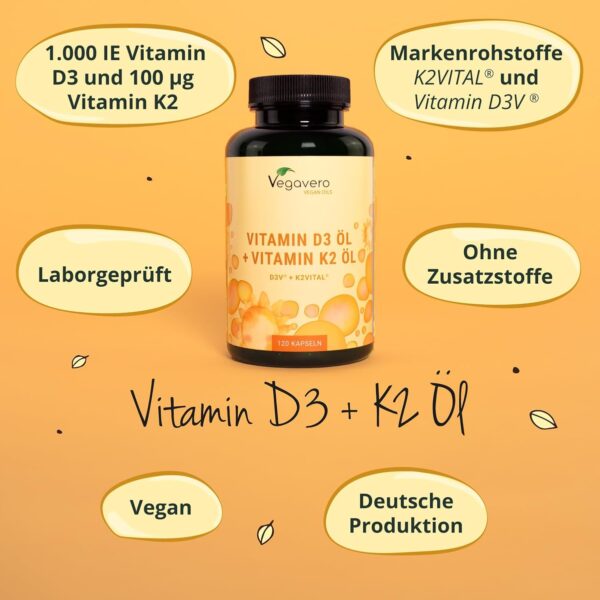 Vitamin D3 K2 Öl Kapseln | Laborgeprüft & Ohne Zusatzstoffe | mit MCT-Öl & V. E | Markenrohstoffe | 1000 IE >99% all-trans MK-7 | Vegan | Deutsche Produktion | Vegavero® – Bild 5